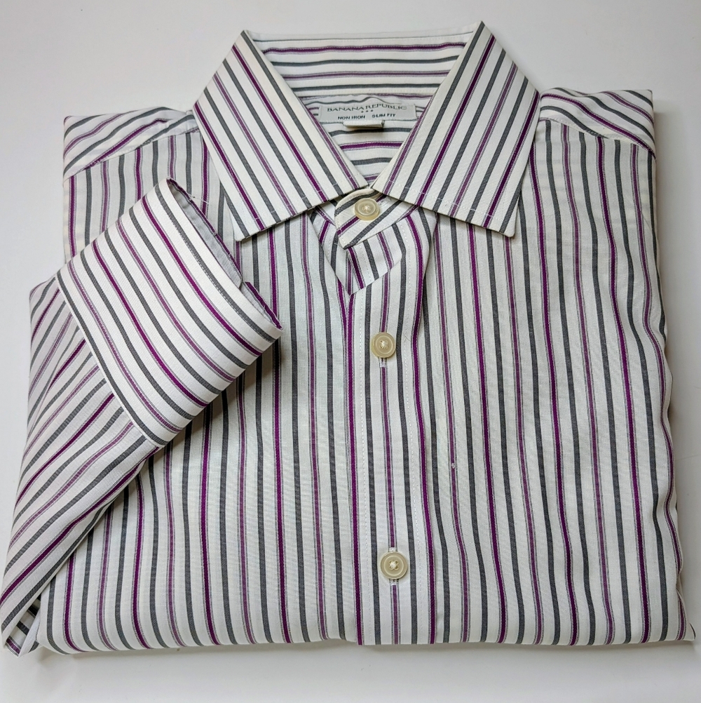 Banana Republic Men’s Non-Iron Slim Fit Dress Shirt – Burgundy & Gray Stripe (S)